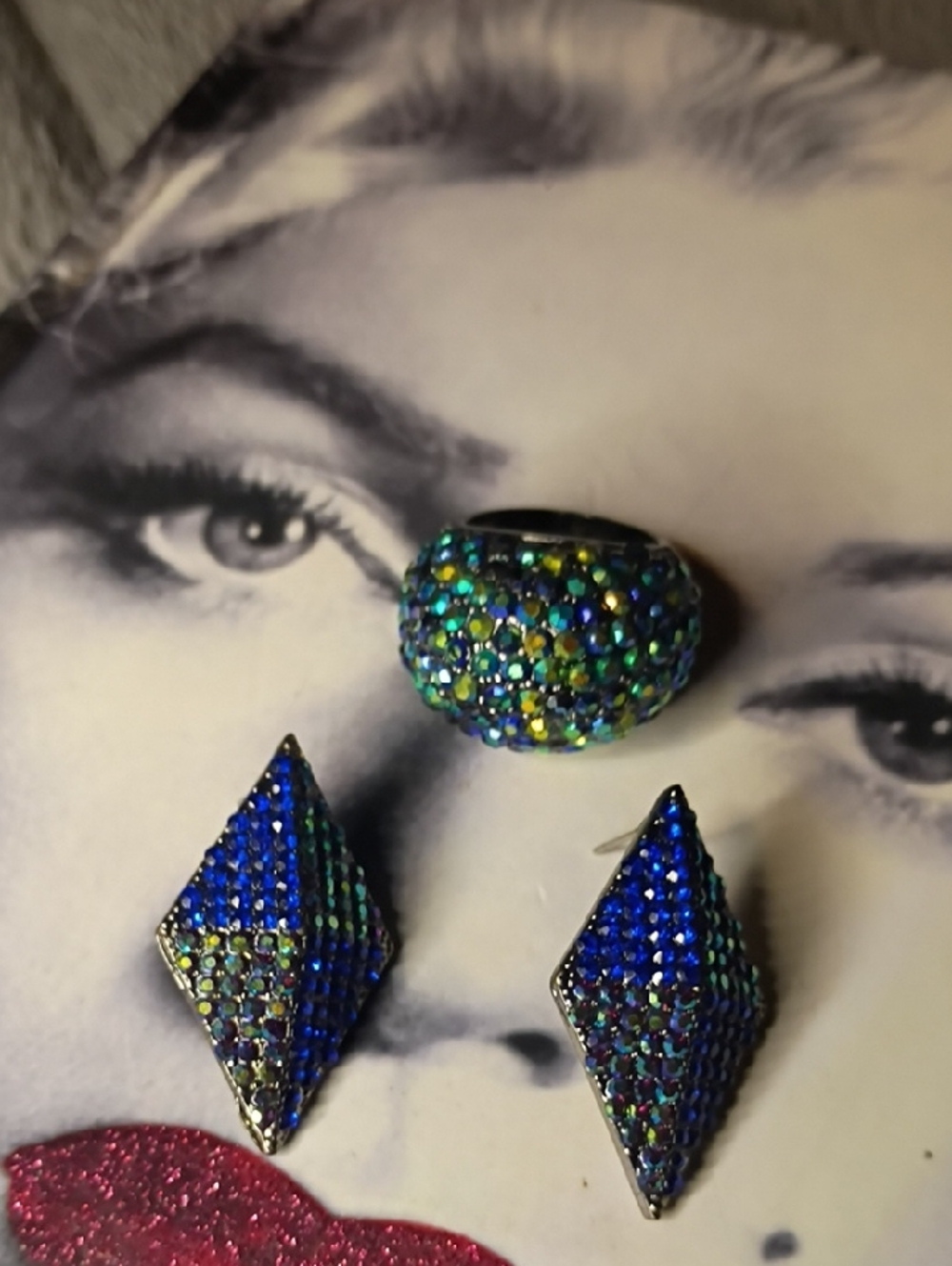Aldo Blue and Green Crystal Dome Ring with Blue Crystal Diamond Earrings